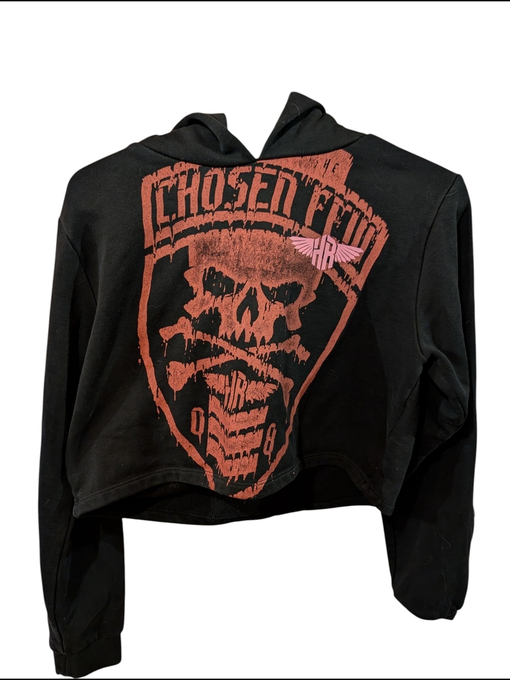 Cropped Black Hoodie with Red Skull Graphic